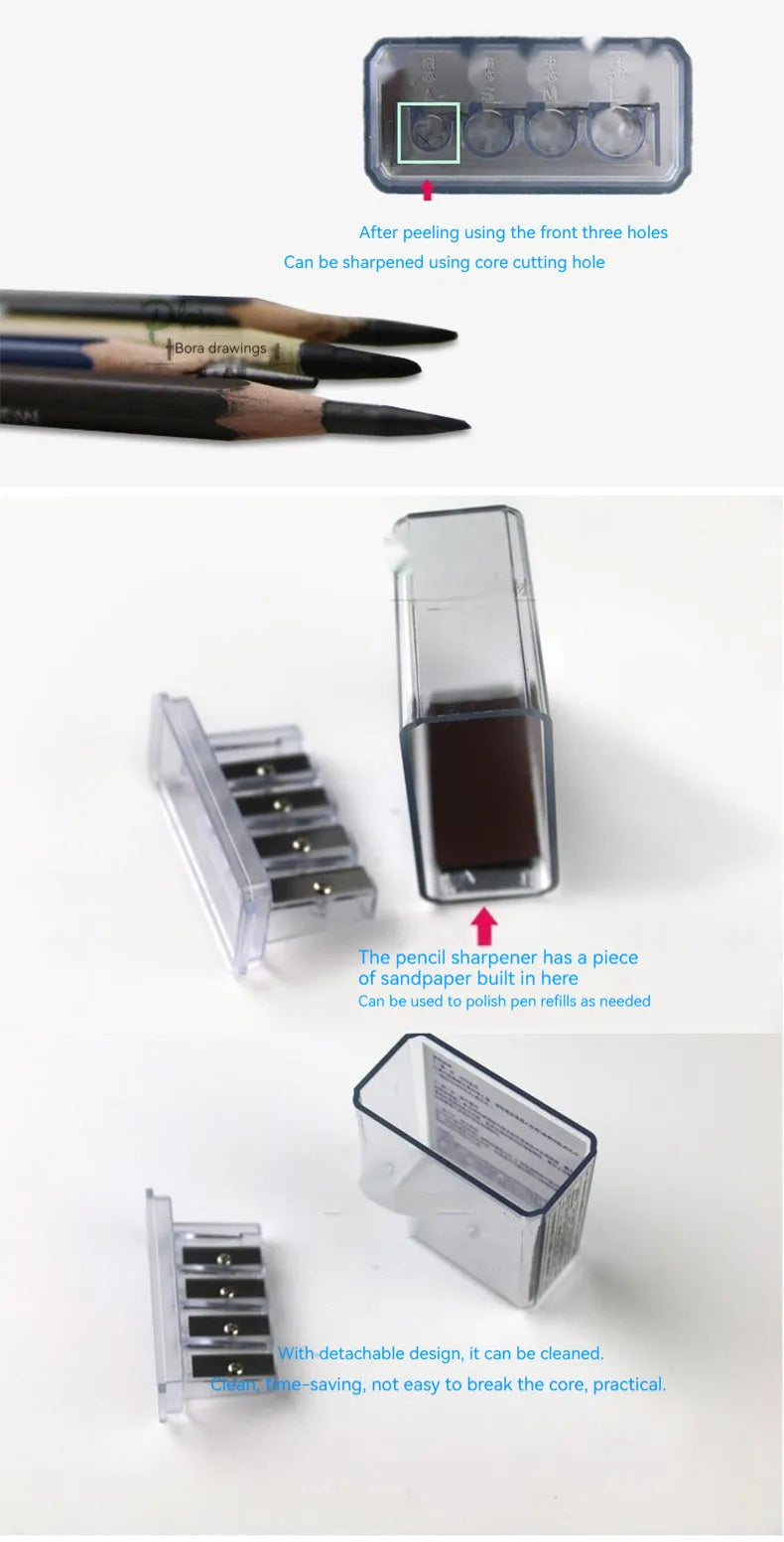 Geometric plastic pencil sharpener with four holes and an included screwdriver tool.