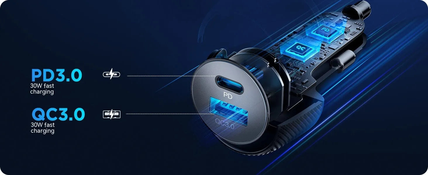 60W dual port button car charger with seven colour ambient light and PD3.0 QC3.0 support