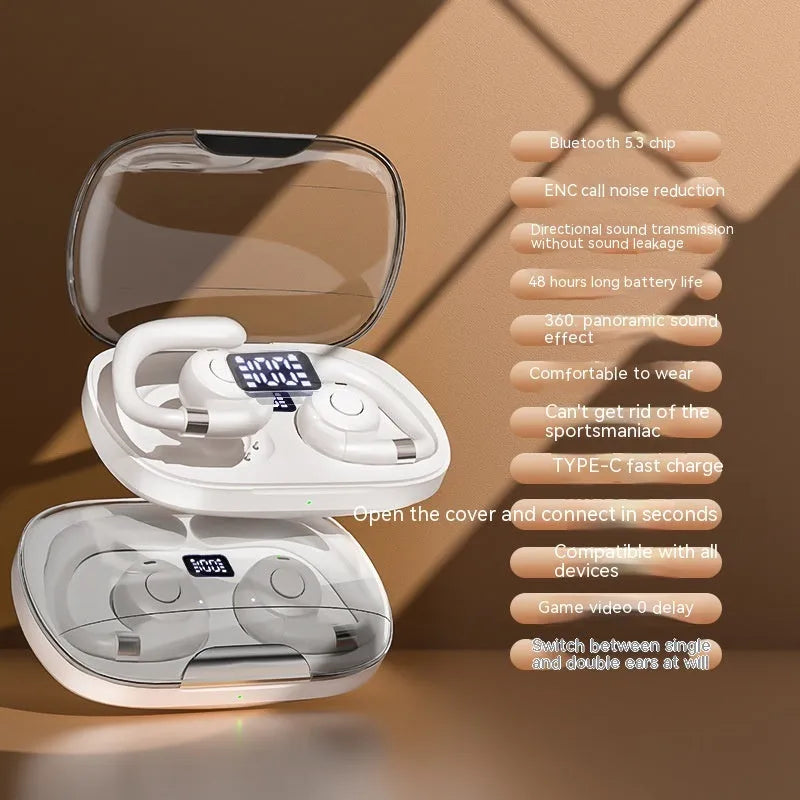 Non-entry ear-mounted wireless Bluetooth headset with digital display in black colour