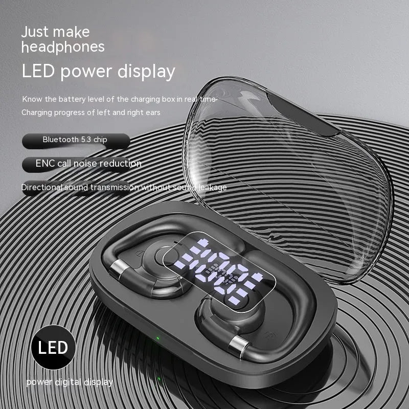 Non-entry ear-mounted wireless Bluetooth headset with digital display in black colour