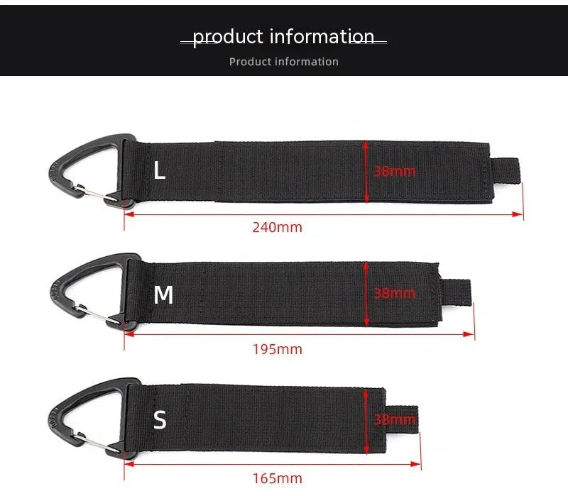 Black adjustable heavy-duty storage strap with gravity climbing button and silver D-ring carabiner hook.
