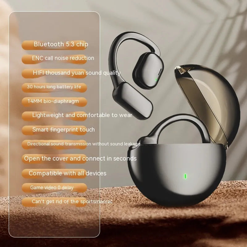 Black wireless Bluetooth headset with noise reduction and breathing light, ABS construction, for sports use