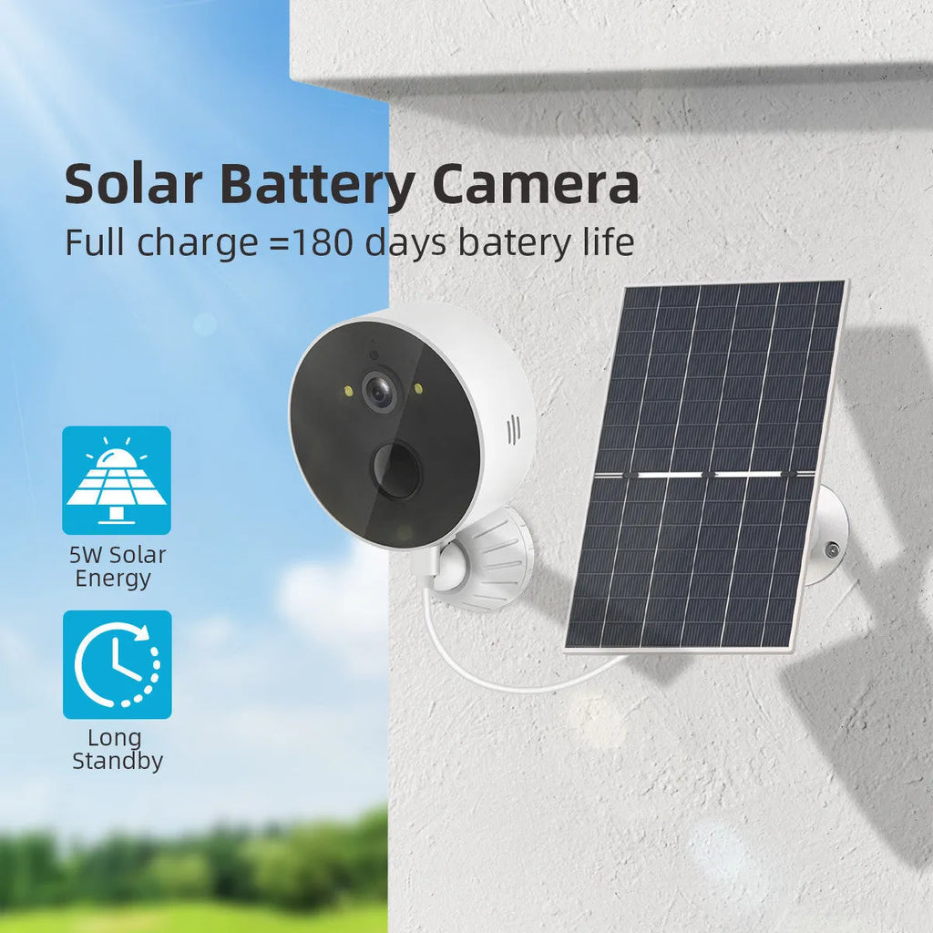 Outdoor solar-powered security camera with solar panel for battery charging.