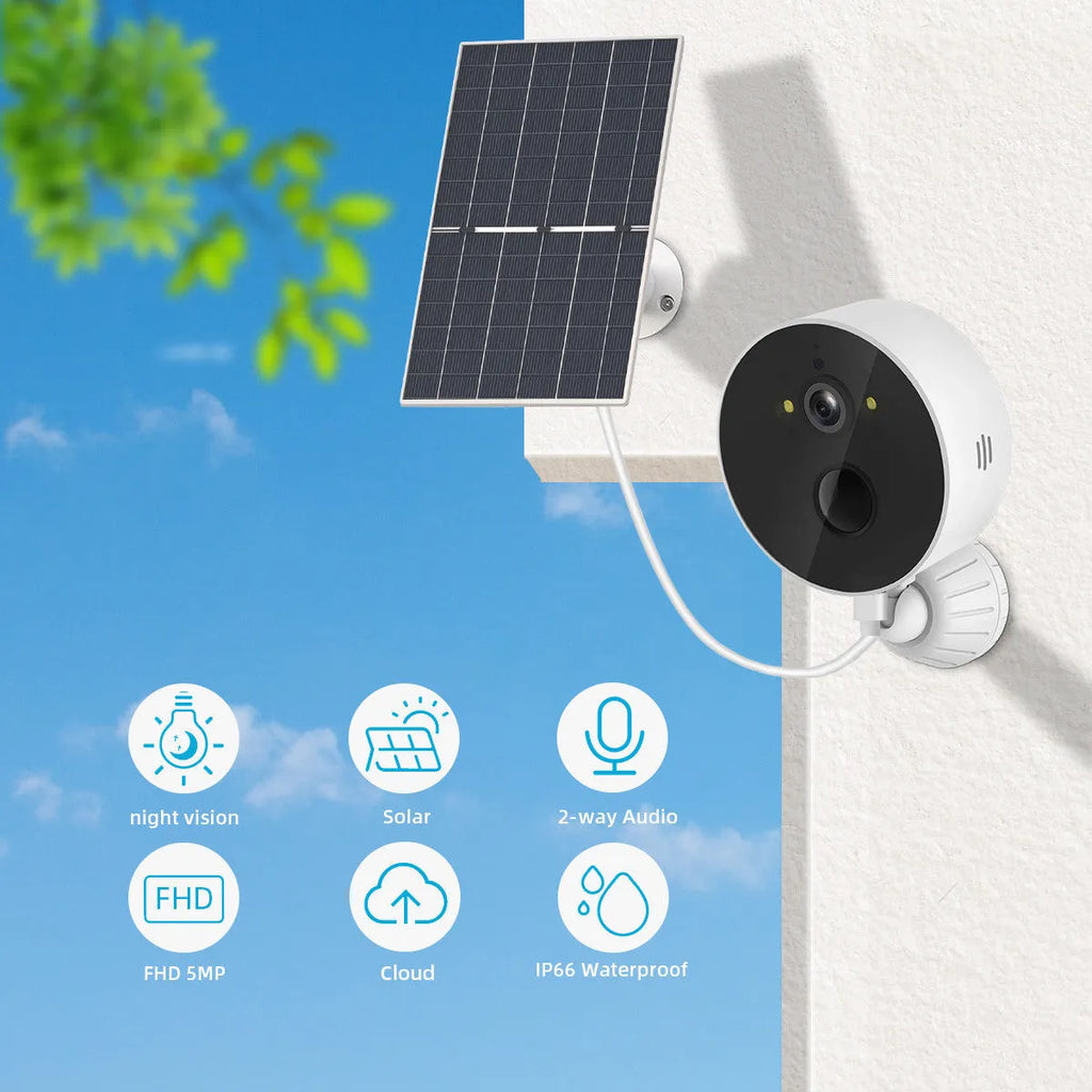 Outdoor solar-powered security camera with solar panel for battery charging.