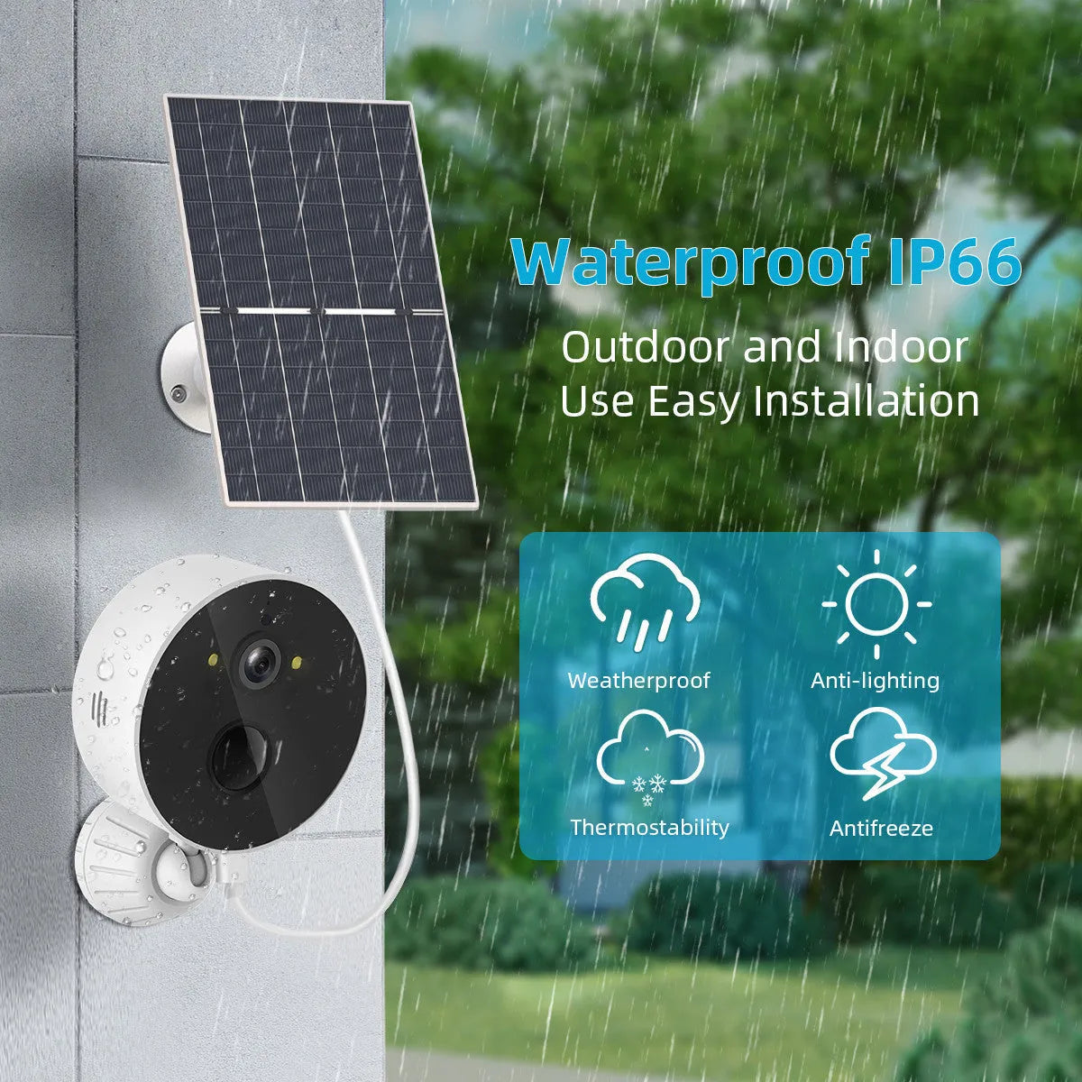Outdoor solar-powered security camera with solar panel for battery charging.