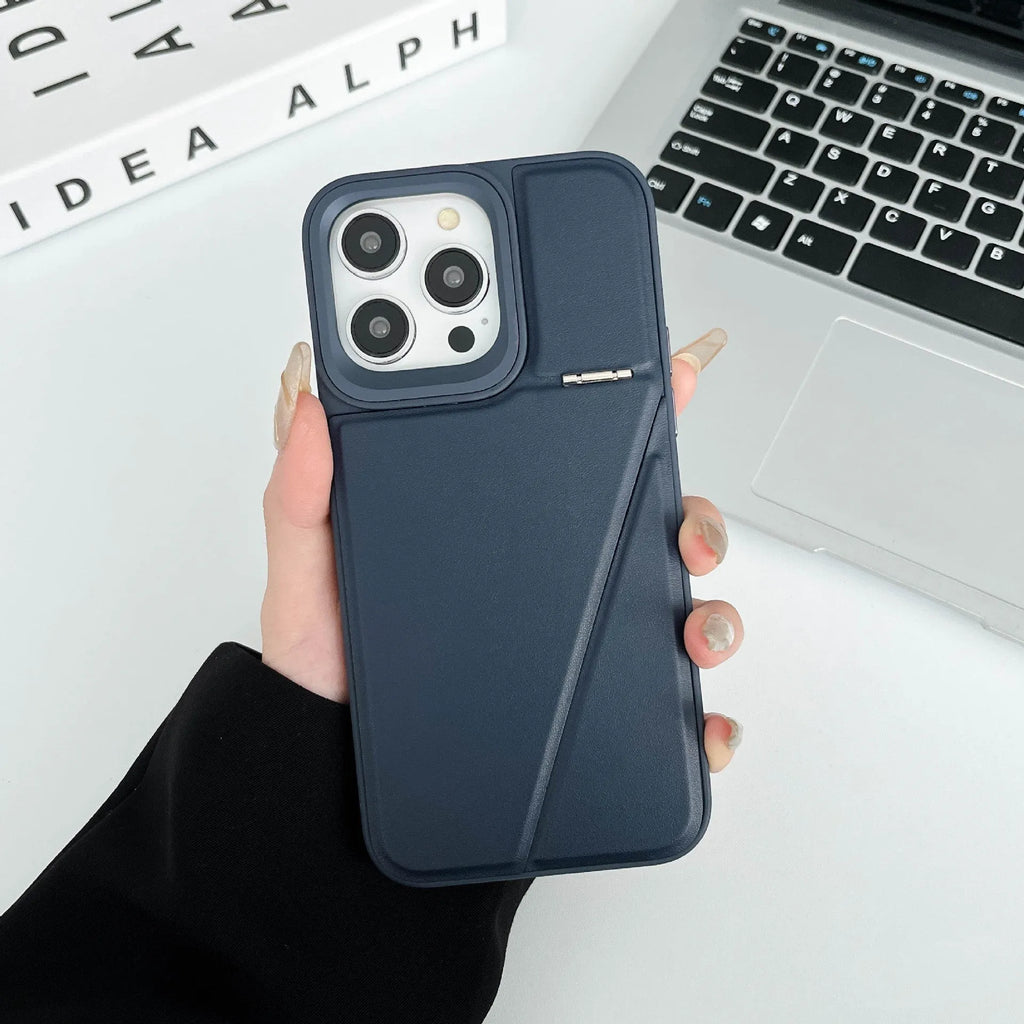 Leather hidden bracket phone case in black for Apple iPhone, featuring magnetic suction and shockproof design.