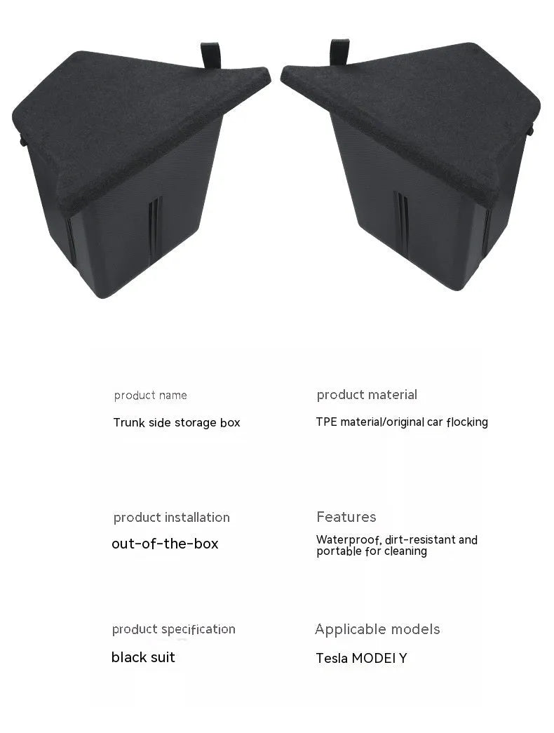 TPE trunk side storage box cover accessory for Tesla Model Y and Model 3 interior.