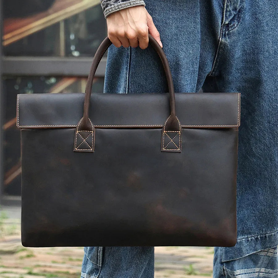 Genuine crazy horse leather men's handbag in coffee colour thin profile