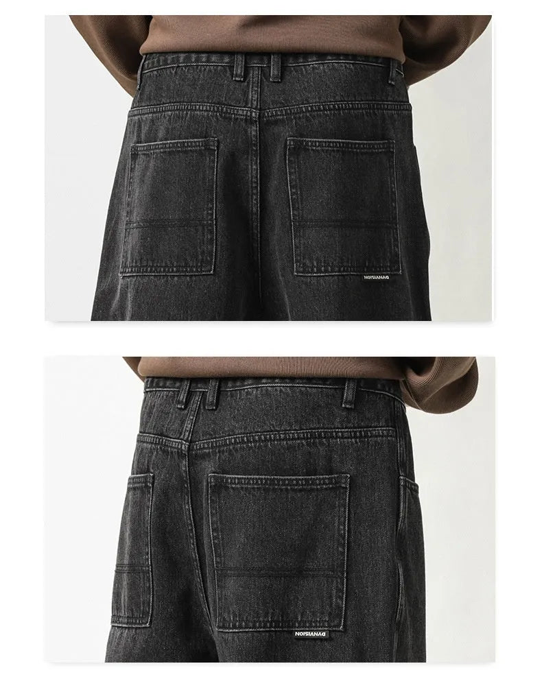 Men's loose fit plus size jeans in black and gray denim, mid waist, sizes 28-42