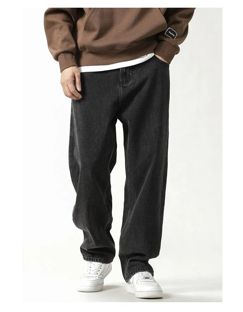 Men's loose fit plus size jeans in black and gray denim, mid waist, sizes 28-42