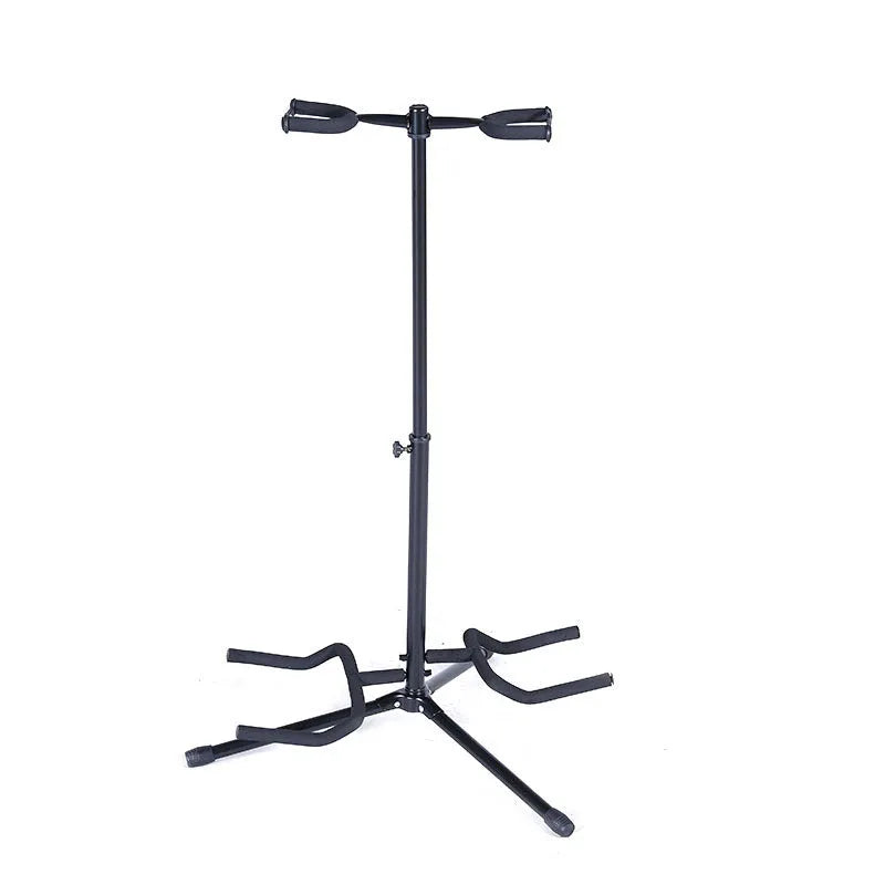 Black iron double-headed adjustable guitar stand for electric and acoustic instruments