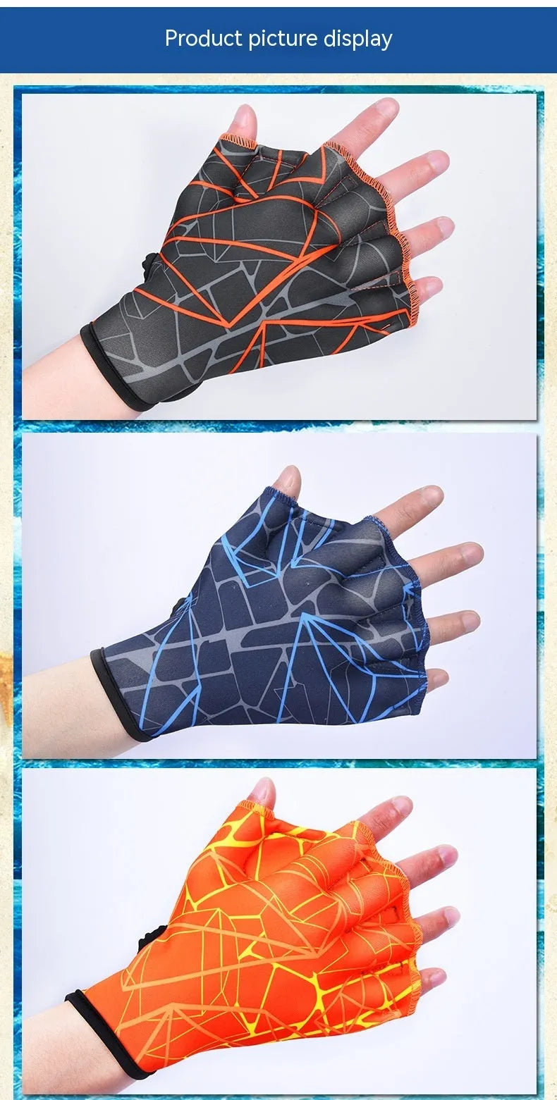 Duck feet webbed swimming gloves in multiple colour prints with nylon construction