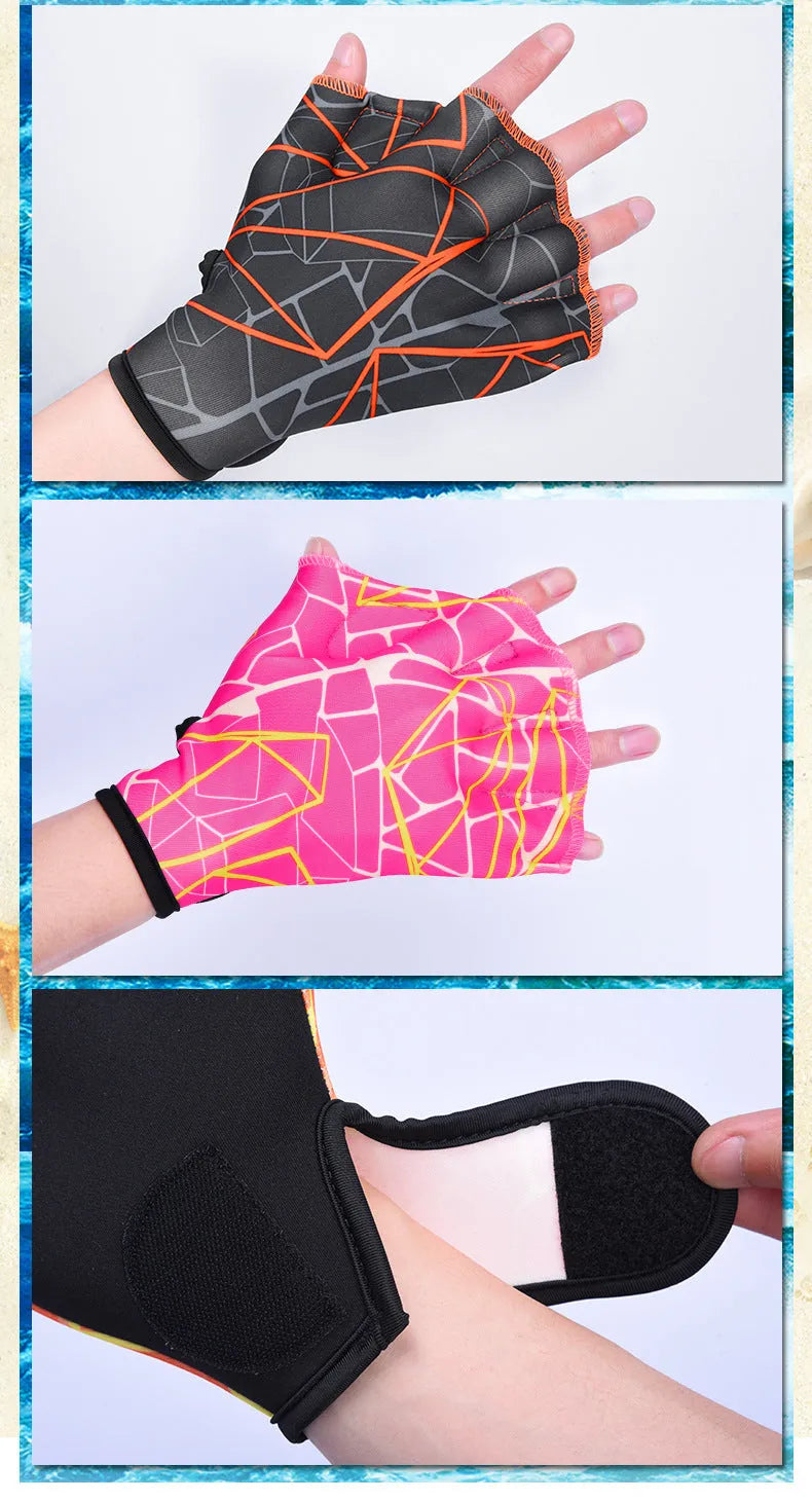 Duck feet webbed swimming gloves in multiple colour prints with nylon construction