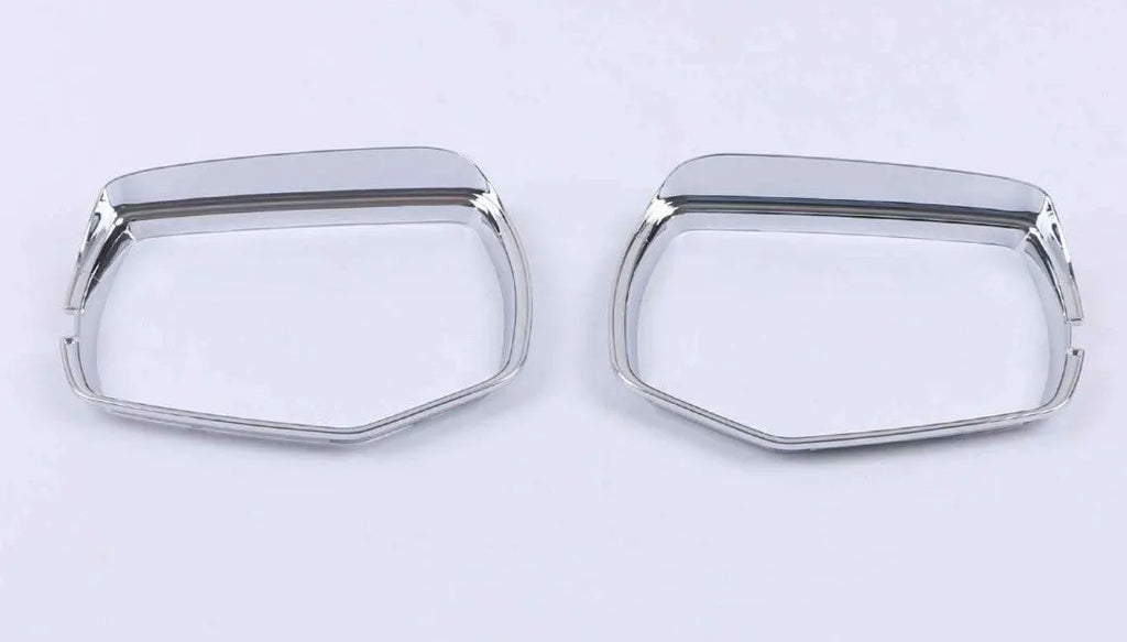 Pair of ABS rearview mirror covers for Cadillac CT5 CT6 in carbon fibre, silver, and rain frame styles.
