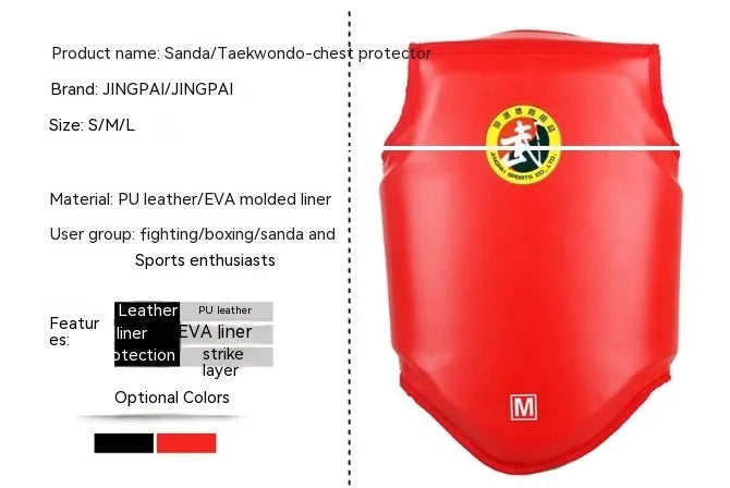 Red boxing helmet and one-piece chest protector set for fighting training