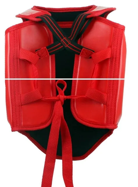 Red boxing helmet and one-piece chest protector set for fighting training