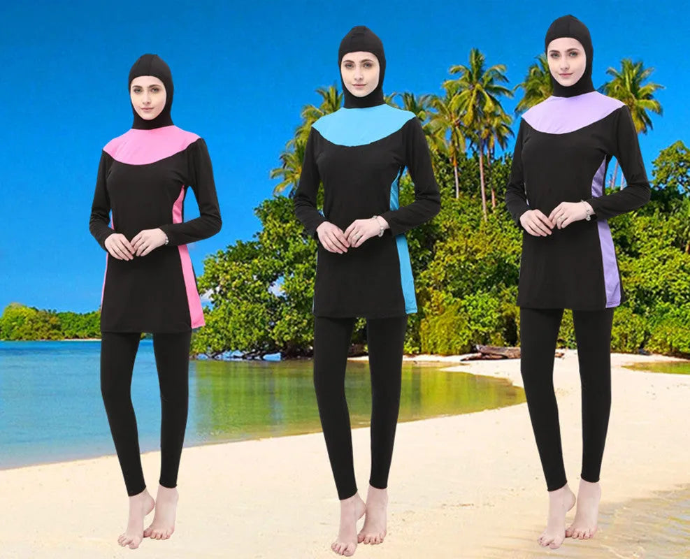 Conservative black women's swimsuit with long sleeves, a hood, and rose red accents.