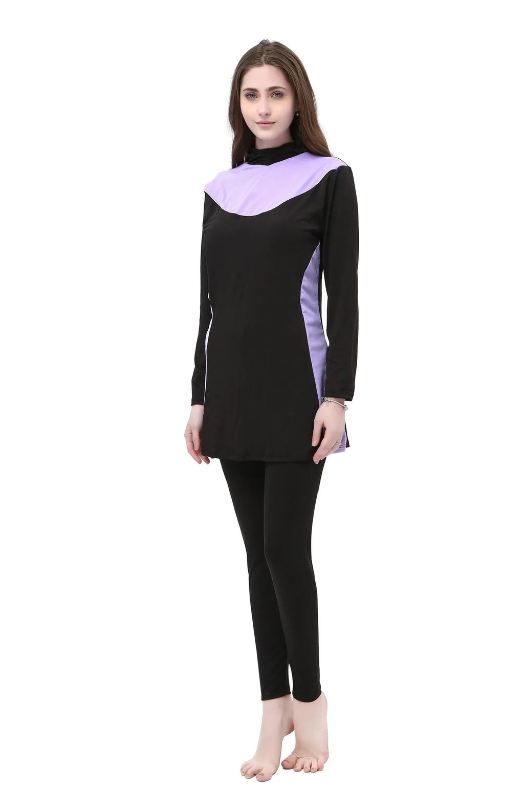 Conservative black women's swimsuit with long sleeves, a hood, and rose red accents.