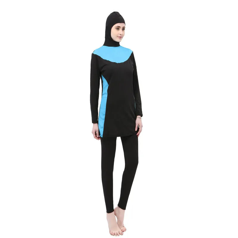 Conservative black women's swimsuit with long sleeves, a hood, and rose red accents.