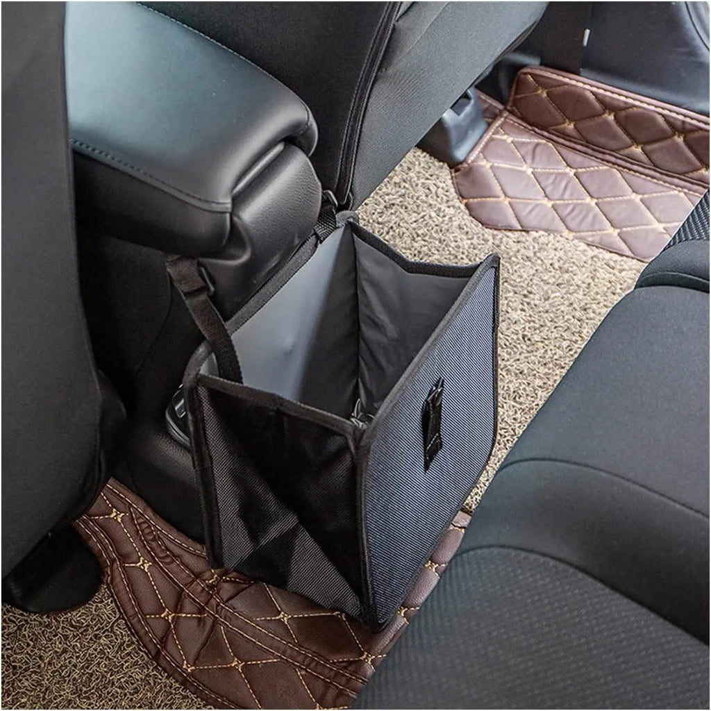 Black car folding trash can with hanging straps and 22L capacity