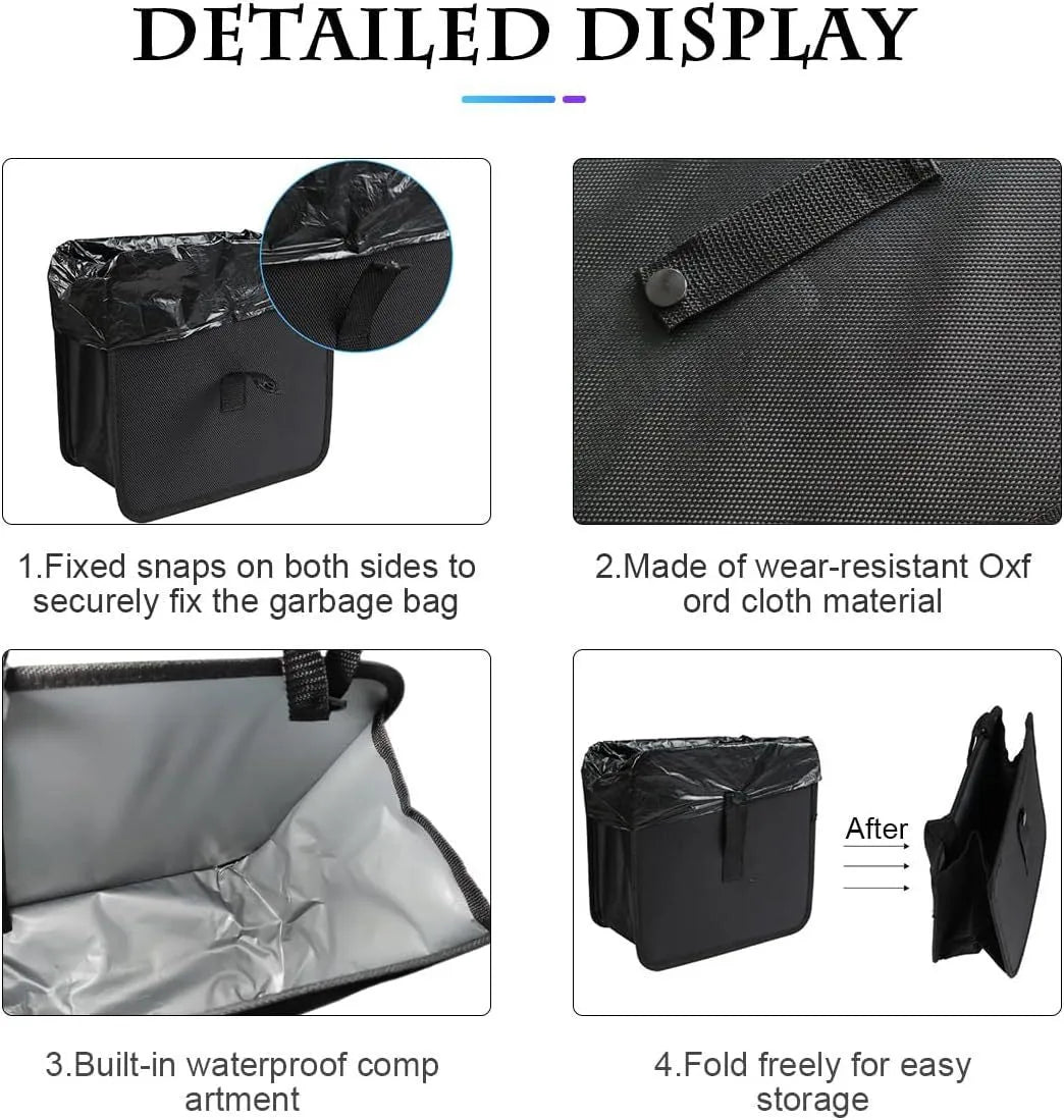Black car folding trash can with hanging straps and 22L capacity