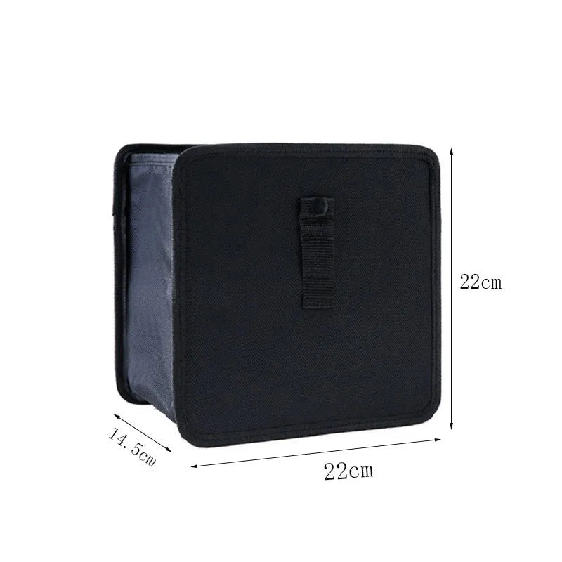 Black car folding trash can with hanging straps and 22L capacity