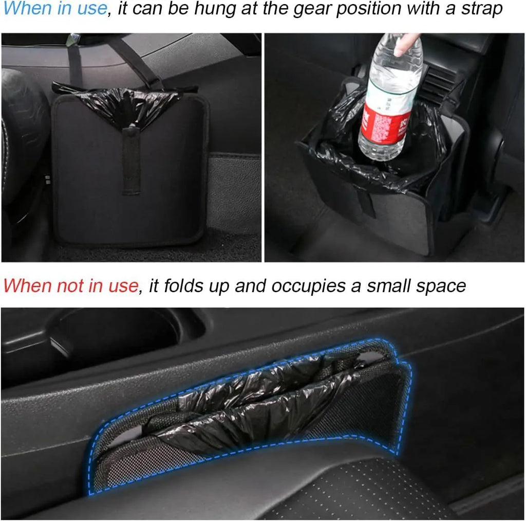 Black car folding trash can with hanging straps and 22L capacity