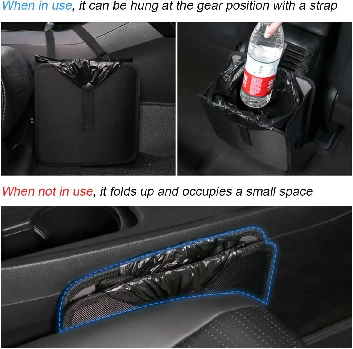 Black car folding trash can with hanging straps and 22L capacity
