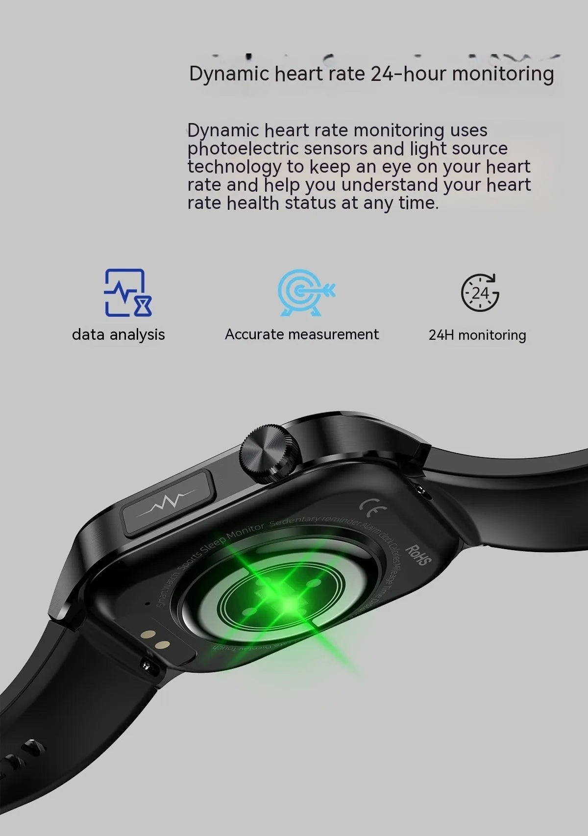 ET580 smart watch on a wrist displaying step count with black band, Bluetooth calling and health sensors highlighted