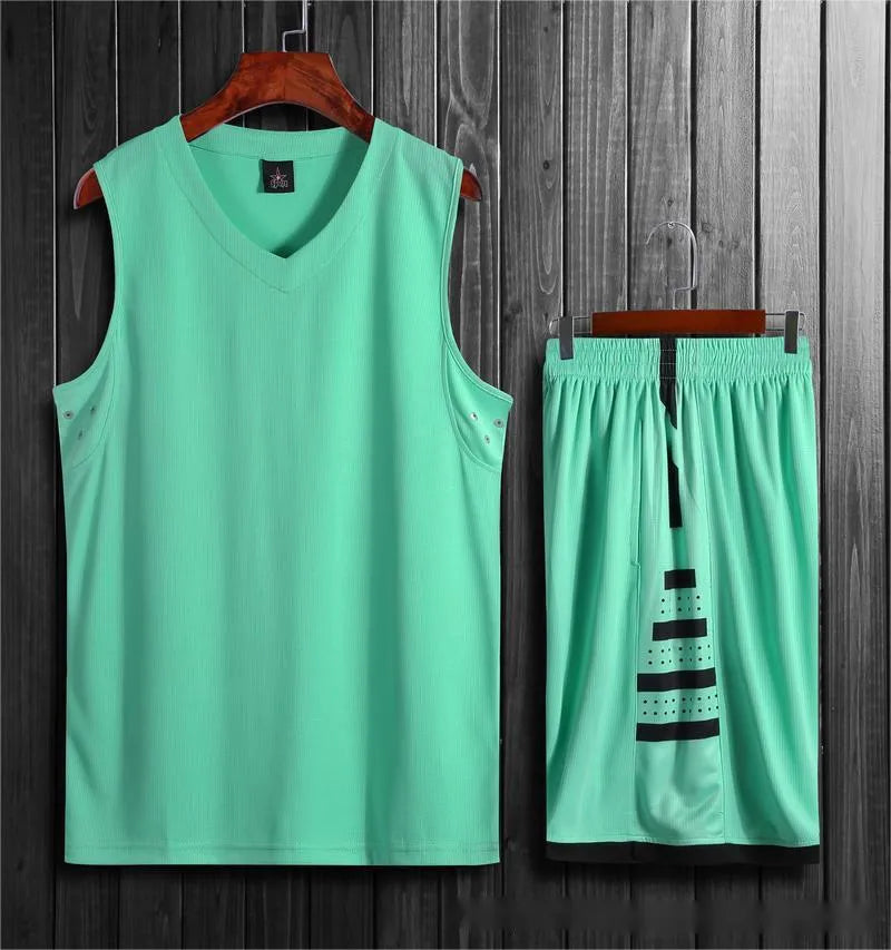 Student basketball training vest and pants set in white or black, made from polyester fibre blend.