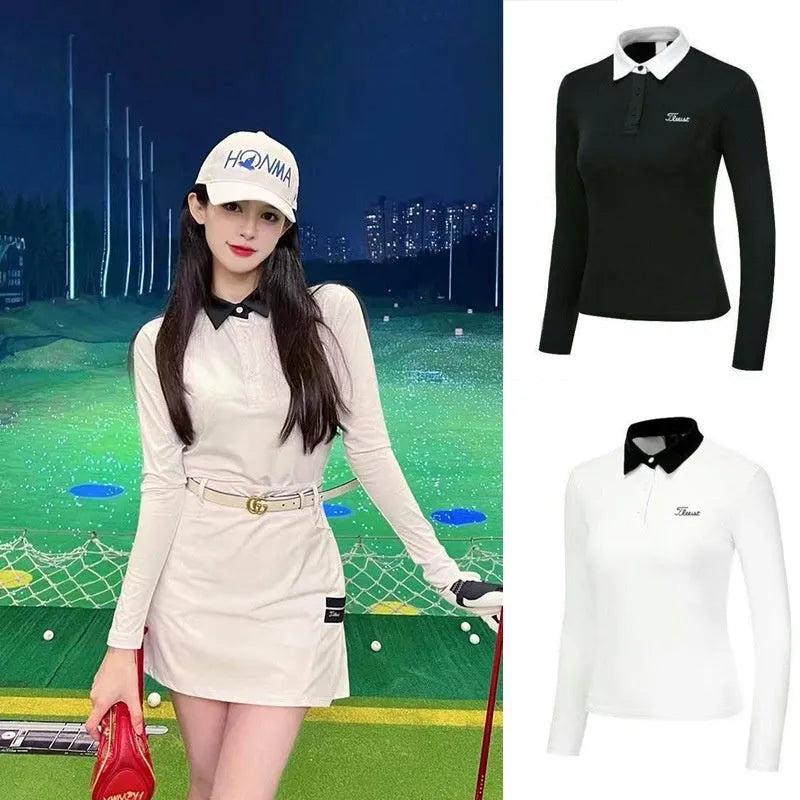 White women's long sleeve slim-fit polyester golf top for outdoor sports.