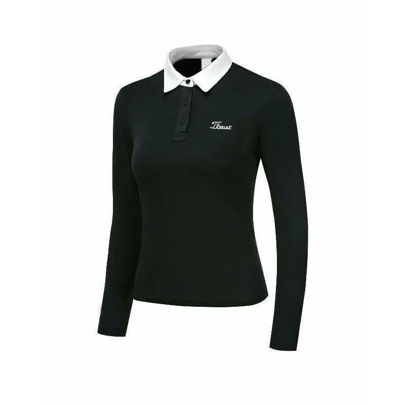White women's long sleeve slim-fit polyester golf top for outdoor sports.