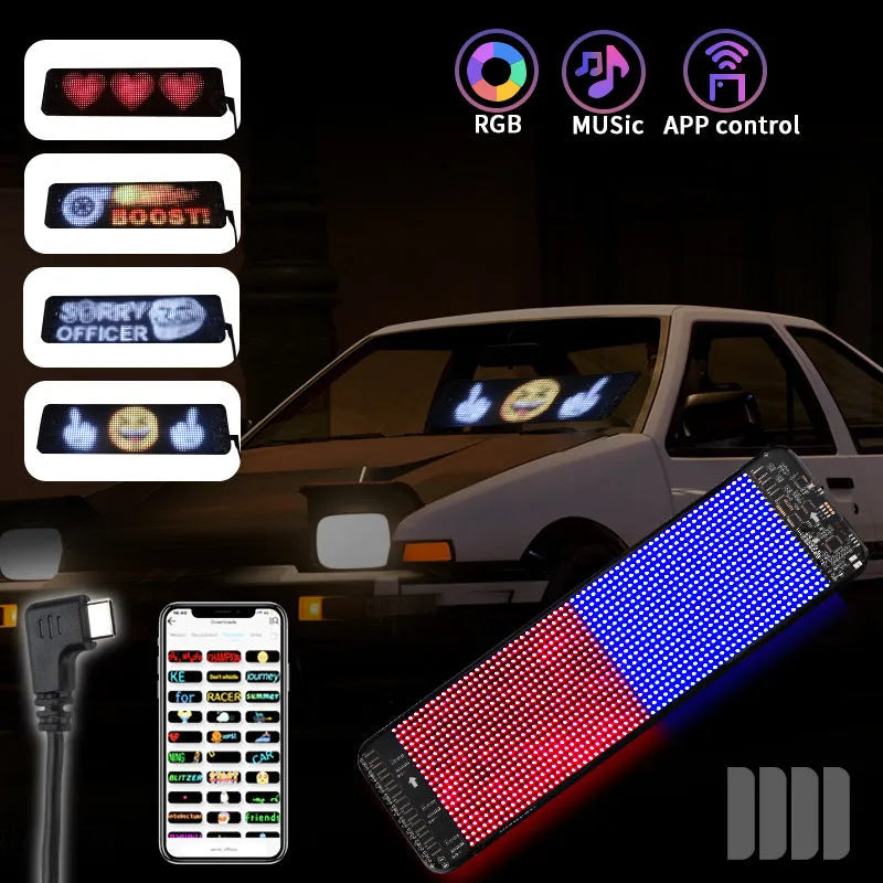 Bluetooth-controlled full-colour LED display screen for car rear windshields measuring 49.2 x 110 cm