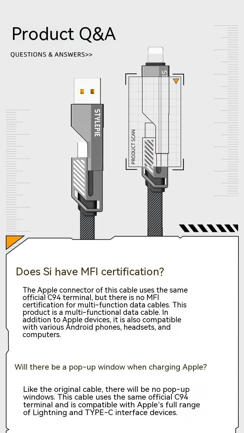 C71L 240W four-in-one fast charge data cable in Tungsten Black with zinc alloy connector and braided nylon cable