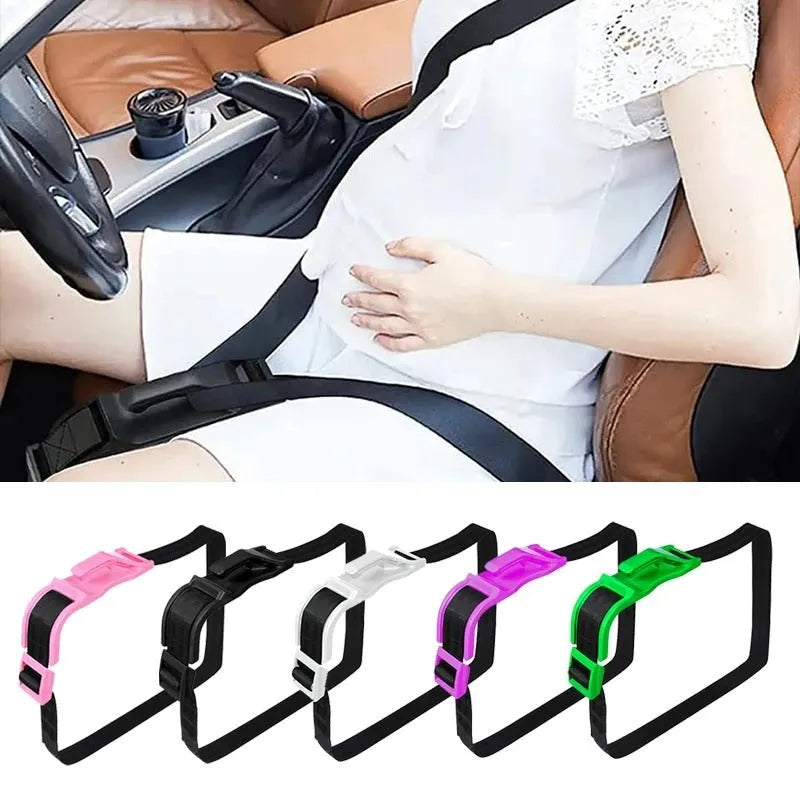 Pregnancy car seat belt adjuster showing raised buckle and strap on a car seat