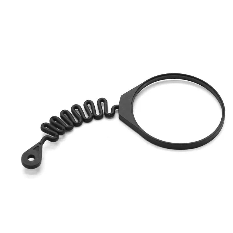 Black rubber Volvo fuel cap tether showing both circle band and separate rope attachment options