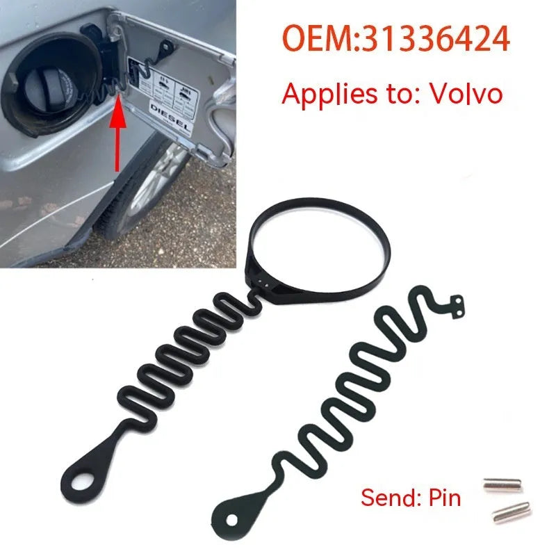 Black rubber Volvo fuel cap tether showing both circle band and separate rope attachment options