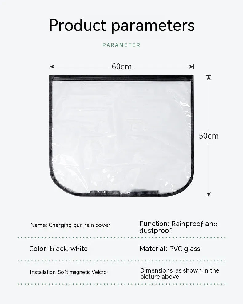 Black electric vehicle charging rain cover with magnetic strips, unfolded to 60cm by 50cm dimensions