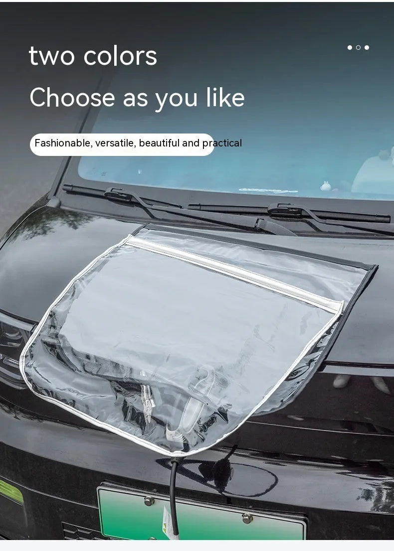 Black electric vehicle charging rain cover with magnetic strips, unfolded to 60cm by 50cm dimensions