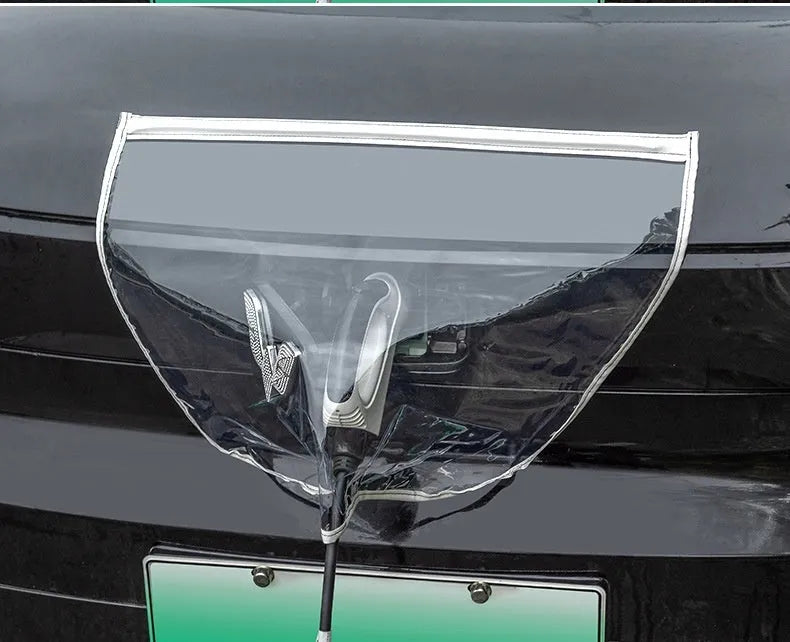 Black electric vehicle charging rain cover with magnetic strips, unfolded to 60cm by 50cm dimensions