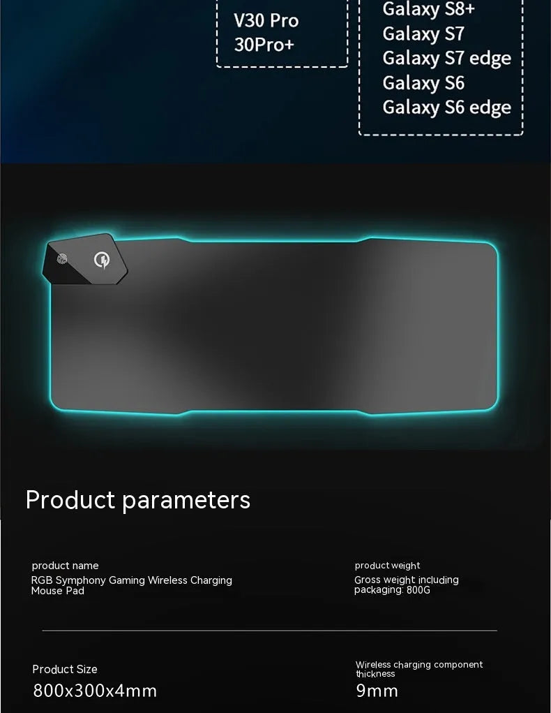 Black mech style gaming mouse mat showing luminous elements and a TYPC interface port on a large 300x800mm surface.