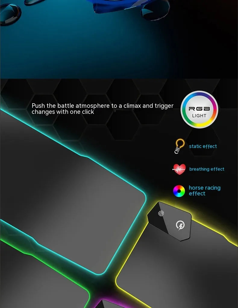 Black mech style gaming mouse mat showing luminous elements and a TYPC interface port on a large 300x800mm surface.