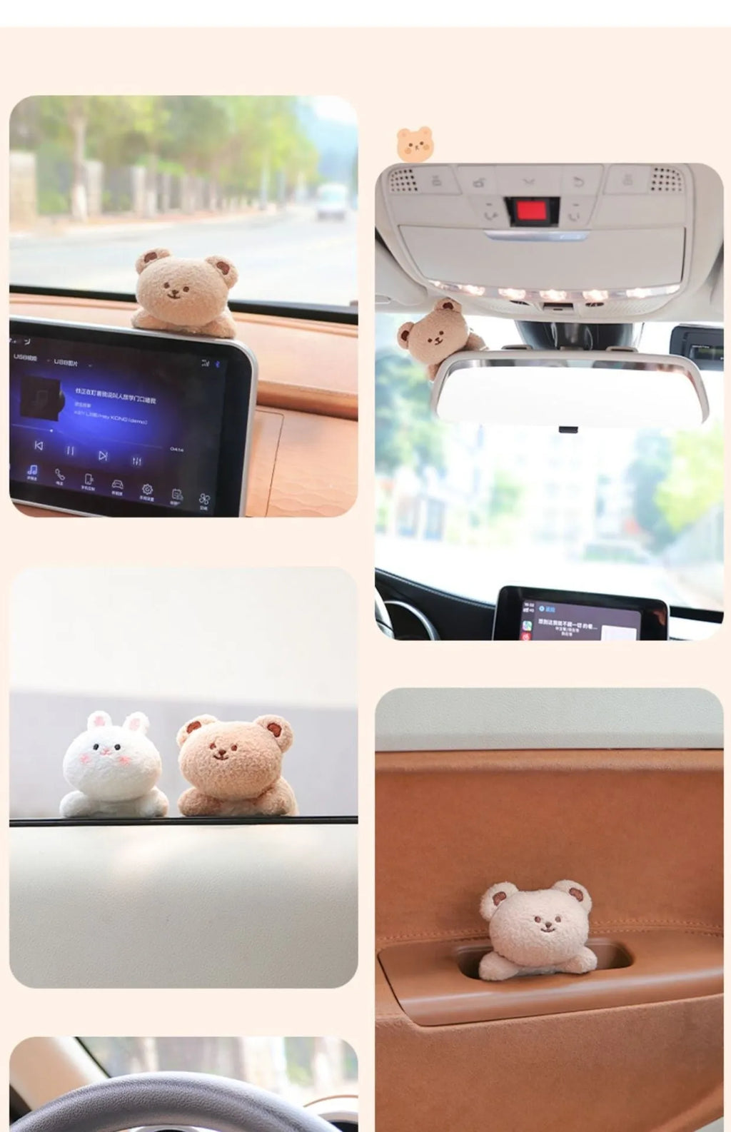Soft fabric plush doll car decoration for dashboard or centre console in cartoon bear and bunny designs.