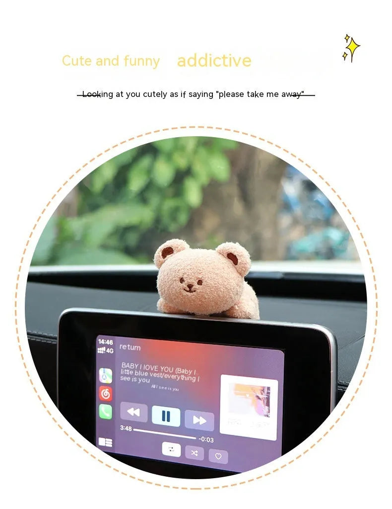 Soft fabric plush doll car decoration for dashboard or centre console in cartoon bear and bunny designs.