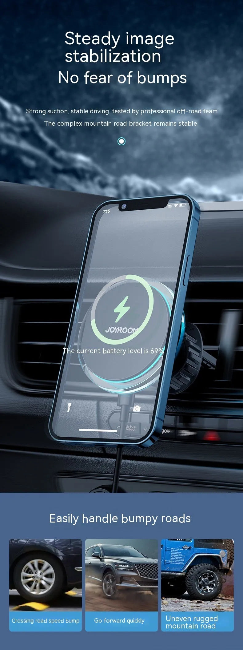 Black car magnetic wireless charging stand mounted on vehicle air vent charging smartphone