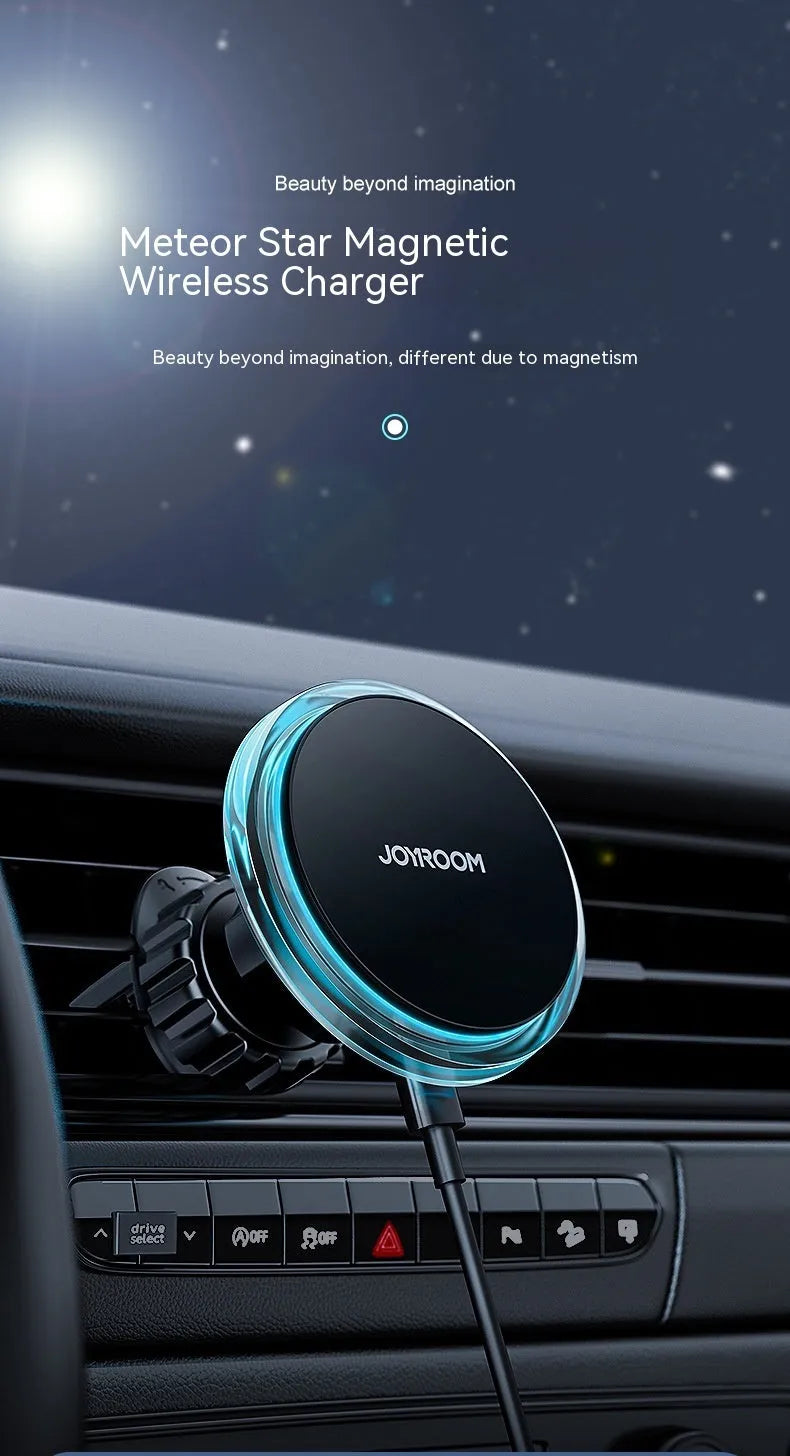 Black car magnetic wireless charging stand mounted on vehicle air vent charging smartphone