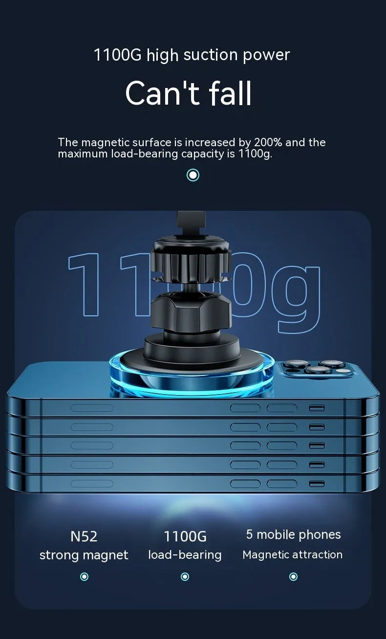Black car magnetic wireless charging stand mounted on vehicle air vent charging smartphone