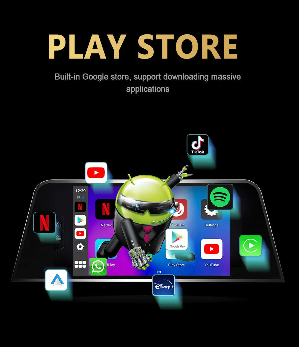 Black Carplay Box for Android 11 with 9-inch touch screen, showing Type-C port and compact 80mm size.