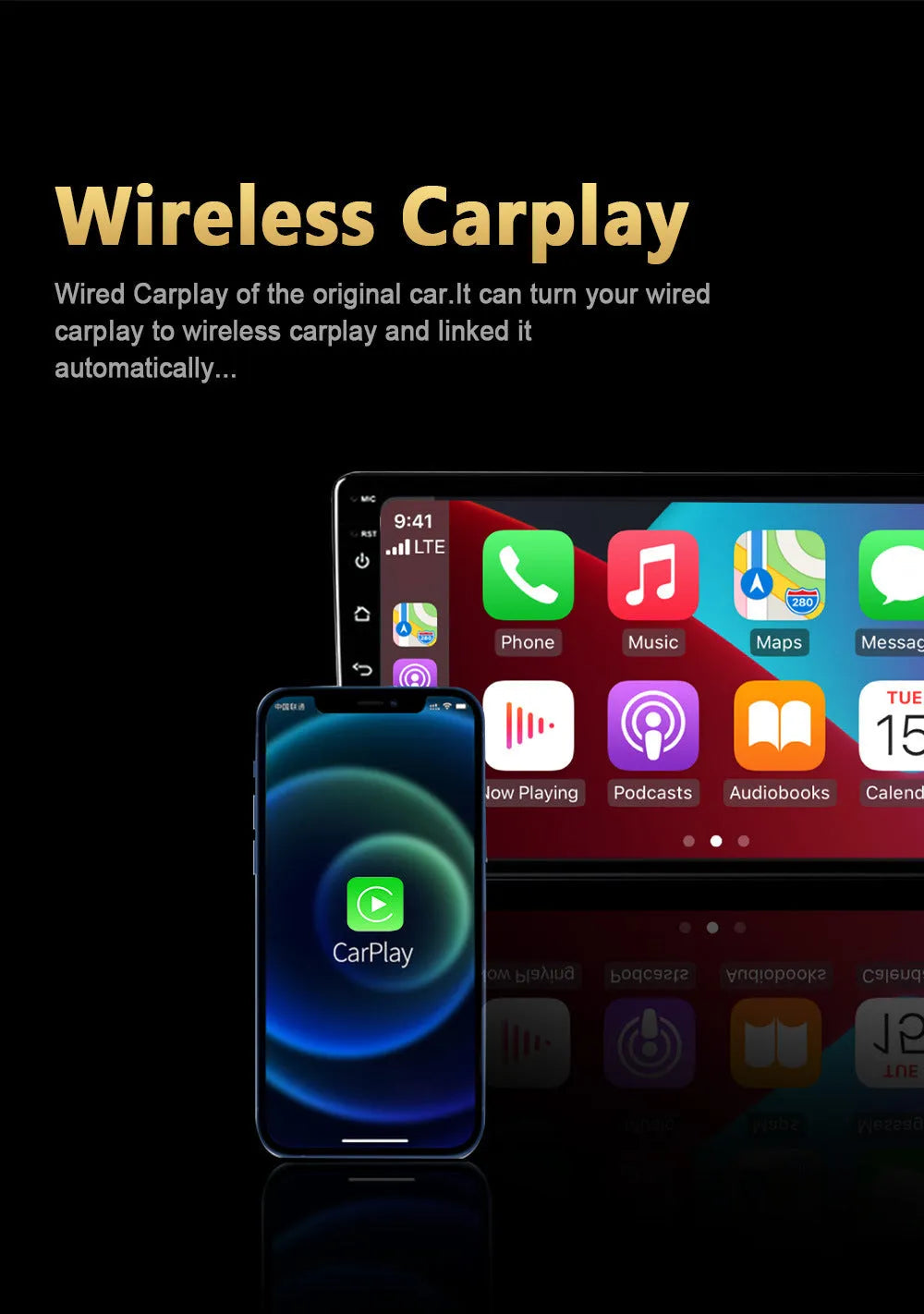 Black Carplay Box for Android 11 with 9-inch touch screen, showing Type-C port and compact 80mm size.