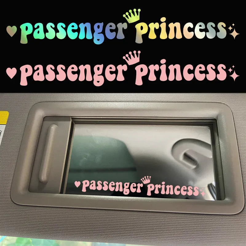 Black Passenger Princess text on a white rectangular car dashboard sticker.